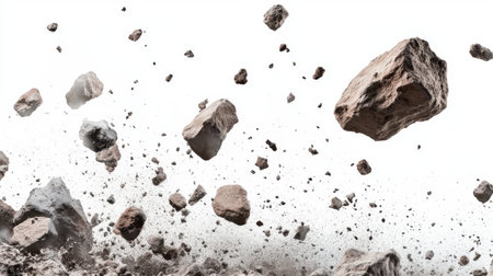 A stunning image of rocks and debris flying through the air, illustrating ground erosion and natural forces at work against a clean white backdrop.の素材