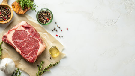 A raw beef steak lies on parchment next to fresh herbs and colorful spices, creating a perfect scene for culinary enthusiasts and cooking inspiration.の素材