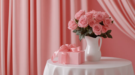 A beautiful arrangement of pink roses in a white vase placed on a round table with a gift box. Soft pink backdrop creates a romantic and elegant atmosphere.の素材