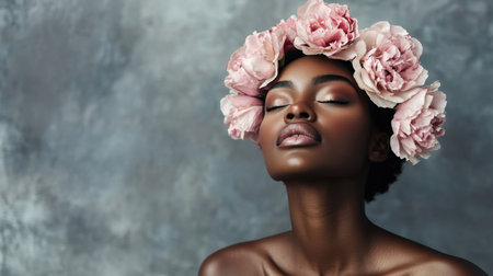 A serene portrait featuring a woman adorned with a beautiful flower crown. Her makeup enhances her natural beauty, creating a tranquil and elegant atmosphere.の素材