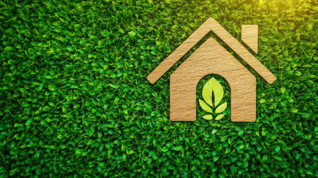 A wooden house icon on a lush green leaf background symbolizes eco-friendliness and sustainability. Perfect for themes of nature and organic living.の素材