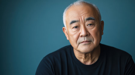 This portrait features a mature Asian man with a solemn expression, showcasing wisdom and experience. The calming background enhances his dignified presence.の素材