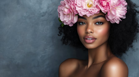 A stunning portrait of a young woman adorned with a beautiful floral crown. Her radiant skin and captivating expression exude elegance and natural beauty.の素材