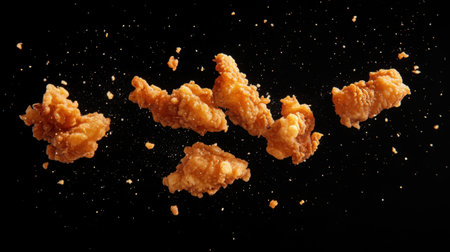 A vibrant image showcasing crispy fried chicken pieces floating in mid-air against a dark backdrop, emphasizing their crunchy texture and golden color perfect for food-related projects.の素材