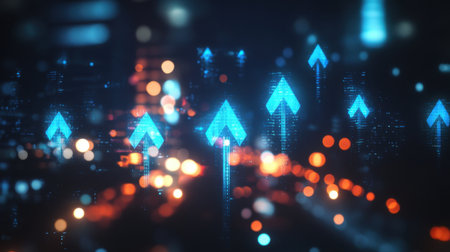 This abstract image features glowing blue arrows indicating growth against a blurred cityscape, symbolizing digital progress and success in technology-driven environments.の素材
