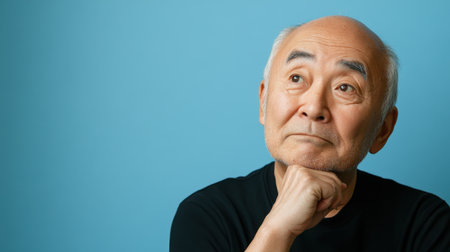 Thoughtful senior Japanese man in a black shirt, pondering against a neutral blue background, with ample copyspace for creative text placement.の素材