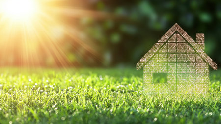 A translucent outline of a house glows in the sunlight on lush green grass, representing harmony between nature and architecture. Perfect for eco-friendly themes.の素材
