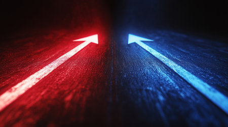 This striking image features dynamic arrows in red and blue pointing in opposite directions, set against a dark surface that enhances visual contrast and depth.の素材