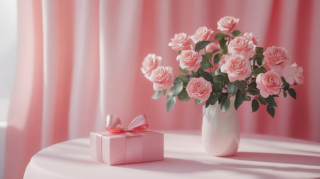A beautiful still life featuring pink roses in a white vase next to a pastel gift box. The soft colors create a serene and romantic atmosphere, perfect for celebrations.の素材