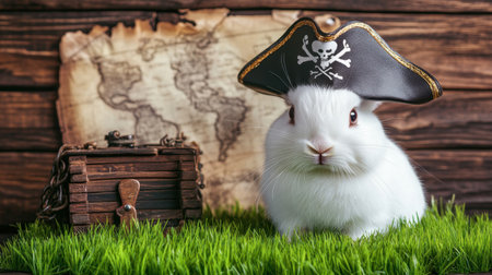 A charming white rabbit wearing a pirate hat poses beside a treasure chest and vintage map. Perfect for whimsical storytelling or pet-themed projects.の素材
