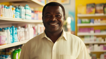 A cheerful shopkeeper stands in a vibrant retail space, showcasing various products on shelves. His warm smile invites customers to engage and explore.の素材