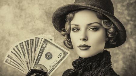 A vintage-inspired portrait of a confident woman holding cash. This black and white image evokes elegance and charm, showcasing fashion and beauty from a bygone era.の素材