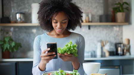 A young woman enjoys preparing healthy food in her kitchen while using her smartphone for recipes. Fresh greens and vibrant ingredients surround her, highlighting a delightful cooking experience.の素材