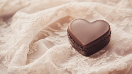 A heart-shaped chocolate placed on a soft lace fabric backdrop, creating a romantic and elegant atmosphere perfect for gifts and celebrations.の素材