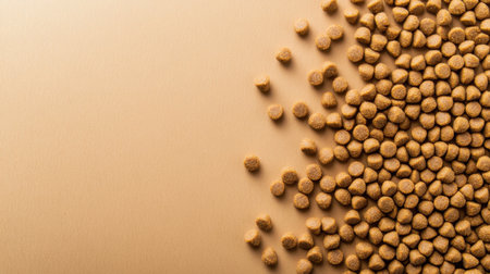 A close-up view of golden pet food pellets scattered on a beige surface, representing high-quality nutrition for pets. Ideal for pet care content.の素材