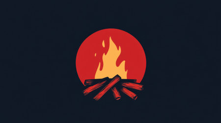 A striking illustration of a vibrant flame within a red circle, resting on wooden logs. This artwork evokes warmth and the essence of nature.の素材