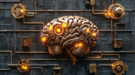 This conceptual art piece features a brain integrated with gears and pipes, symbolizing innovation and the synergy between technology and human thought.の素材