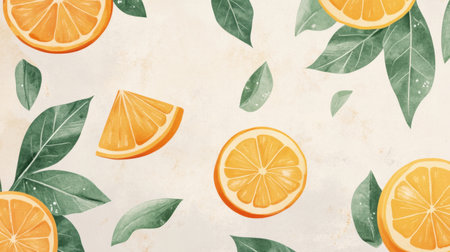Beautiful design featuring fresh orange slices and green leaves on a light background. Perfect for summer themes, healthy lifestyle, or culinary projects.の素材