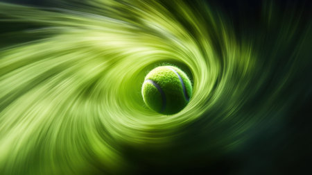 A captivating image depicting a tennis ball in a dynamic swirl of green hues, showcasing energy and movement, ideal for sports themes and visual impact.の素材