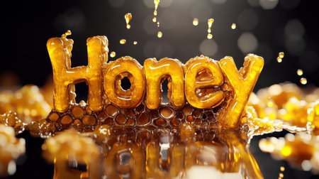 A captivating composition featuring the word "Honey" crafted from golden liquid, surrounded by droplets and honeycomb, capturing sweetness and natural beauty.の素材