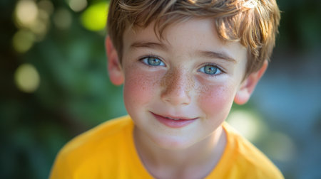 A cheerful young boy with freckles smiles brightly while wearing a yellow shirt. His striking blue eyes shine with happiness in a lush outdoor setting.の素材