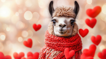 A delightful llama with a charming expression, wrapped in a cozy red scarf, surrounded by soft heart shapes, perfect for love-themed content or playful designs.の素材