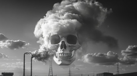 A surreal and haunting image depicts a skull emerging from smoke, looming over an industrial landscape. Captures themes of pollution and environmental issues.の素材