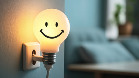 A cheerful light bulb with a smiley face illuminates a cozy room, bringing warmth and happiness to the space. Perfect for playful home decor.の素材