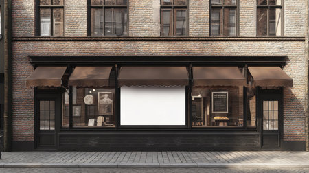 A charming urban cafe front featuring brown awnings and an empty signage space. The brick facade and large windows invite passersby to enjoy a cozy atmosphere.の素材