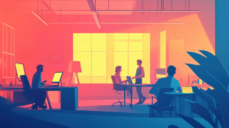 Marketing agency brainstorming session, with professionals discussing concepts for a new advertising campaign in a modern workspace.の素材