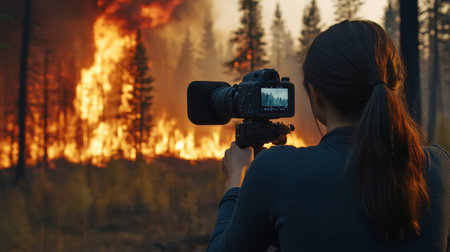 A photographer stands amidst a wildfire, capturing the dramatic flames and smoke in a forest setting. The scene highlights the beauty and danger of nature's forces.の素材