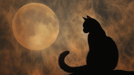 A captivating silhouette of a cat sitting gracefully against a glowing full moon, creating a serene and mysterious atmosphere perfect for a night scene.の素材