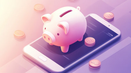 A creative representation of a piggy bank sitting on a smartphone screen, surrounded by coins, symbolizing digital finance, savings, and modern money management.の素材