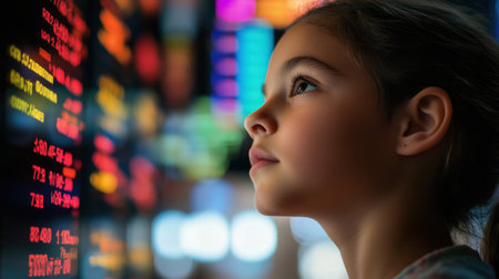 A young girl gazes in wonder at a vibrant digital display, showcasing her curiosity and fascination with technology in a modern, brightly lit environment.の素材