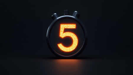 A glowing orange number five displayed on a digital timer against a sleek black background, symbolizing urgency and focus for time management techniques.の素材
