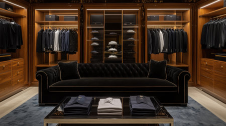 Luxury men's clothing store featuring sleek black sofa and sophisticated wardrobe displays, a high-end boutique settingの素材