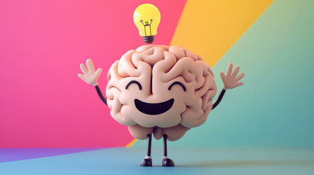 This cheerful cartoon brain character with a light bulb showcases the theme of creativity and happiness, set against a vibrant, colorful background.の素材