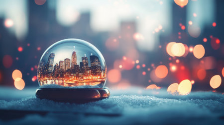 A beautiful snow globe featuring a glowing city skyline, surrounded by soft bokeh lights. This enchanting winter scene captures the magic of a snowy evening in an urban setting.の素材