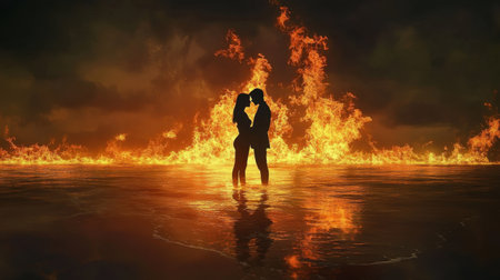 A captivating scene of a romantic couple silhouetted against a fiery backdrop, embraced in a passionate moment on the ocean shore, evoking feelings of love and warmth.の素材
