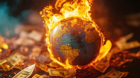 A dramatic depiction of a globe engulfed in flames, surrounded by scattered money, representing the urgent economic crisis and environmental challenges facing the world today.の素材