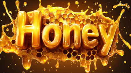 A vibrant and glossy depiction of the word 'Honey,' highlighted with dripping liquid and hexagonal honeycomb patterns, showcasing a sweet and indulgent theme.の素材