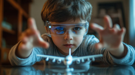 A young boy focuses intently on a model airplane while wearing glasses, embodying creativity and imagination through play. The serene indoor setting enhances a sense of exploration.の素材