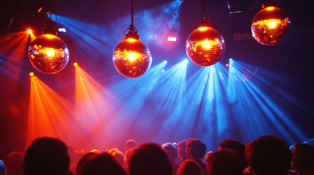 Capture the vibrant energy of a dance party with dazzling disco lights and reflections, creating a lively and colorful atmosphere perfect for celebration.の素材