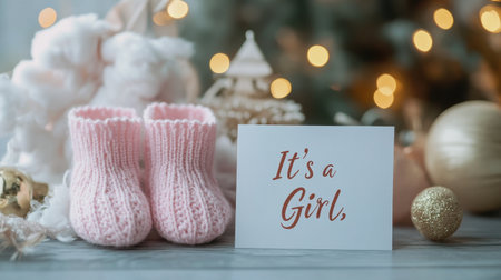 Charming pink baby booties beside a card that says "It's a Girl," perfect for celebrating a newborn arrival. Ideal for baby shower themes.の素材