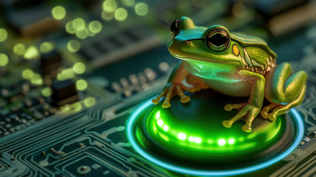 A vibrant green frog sits atop a shimmering circuit board, illuminated by soft, glowing lights, symbolizing the intersection of nature and technology.の素材