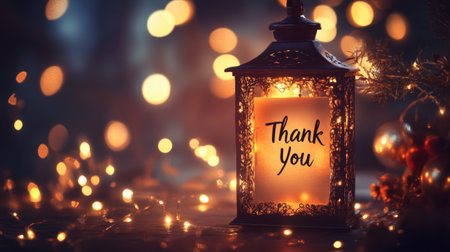 A warm and inviting lantern displays a heartfelt "Thank You" message, surrounded by soft lights and holiday decor, creating a cozy festive atmosphere.の素材