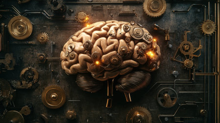 Explore a creative representation of a brain formed from gears and machinery, symbolizing technology and innovation. A unique fusion of art and science.の素材