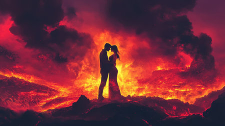 A striking silhouette of a couple sharing a kiss amid a fiery volcanic landscape, capturing a moment of passionate romance in a dramatic and breathtaking setting.の素材
