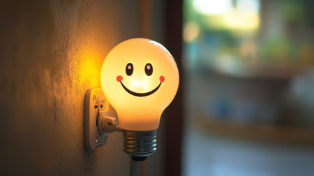 A cheerful light bulb with a smiling face shines brightly in a cozy indoor setting, bringing warmth and happiness to any room. Perfect for brightening moods.の素材