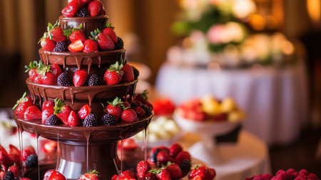A stunning chocolate fountain flows with rich chocolate, surrounded by vibrant strawberries and blackberries, perfect for celebrations and events.の素材